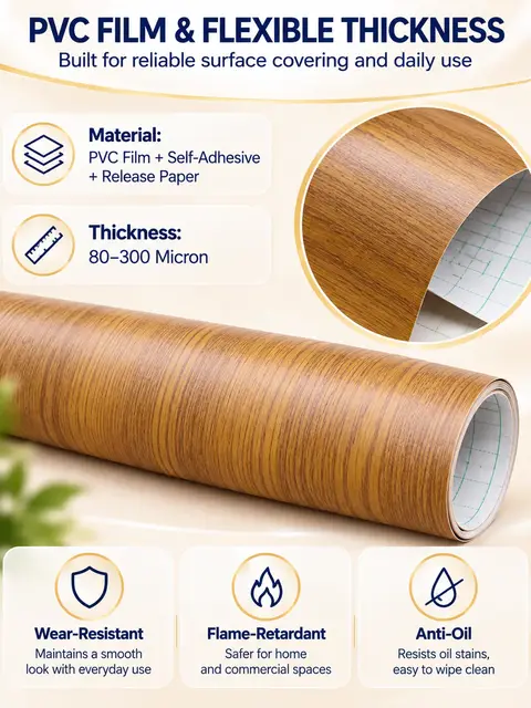 Factory Price Self-Adhesive Wood Grain PVC Film for Door & Furniture — Cabinet refacing