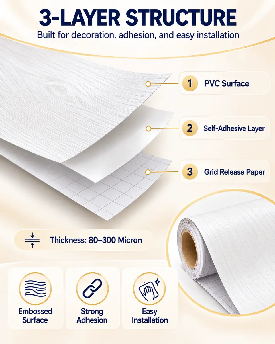 Factory Price White Wood Grain Self-Adhesive PVC Film for Furniture — Surface texture and finish close-up