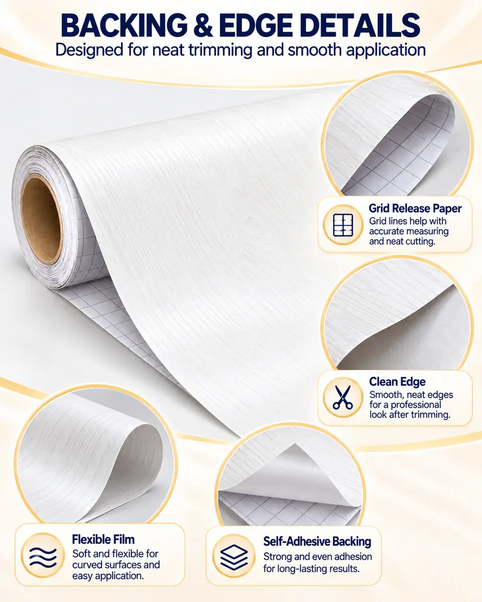Factory Price White Wood Grain Self-Adhesive PVC Film for Furniture — Installation and application detail