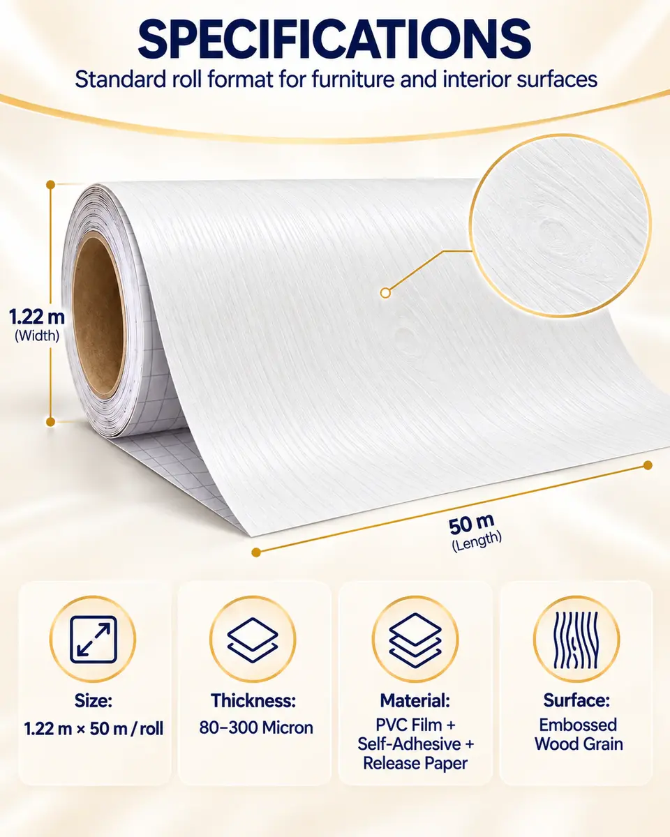 Factory Price White Wood Grain Self-Adhesive PVC Film for Furniture — Roll format and packaging