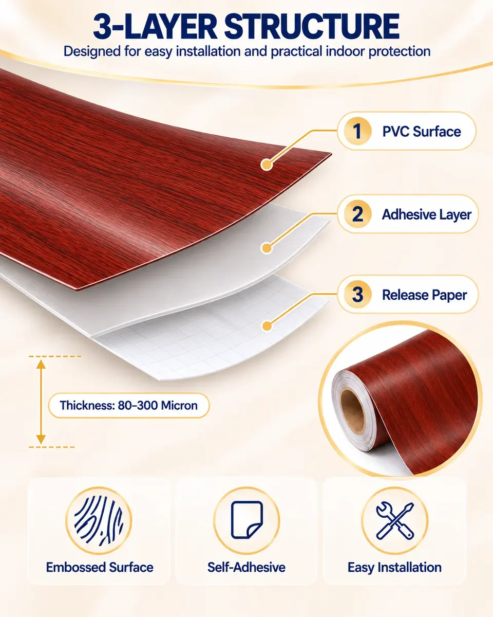 Fashion Wood Grain Self-Adhesive PVC Decorative Film for Furniture — Surface texture and finish close-up