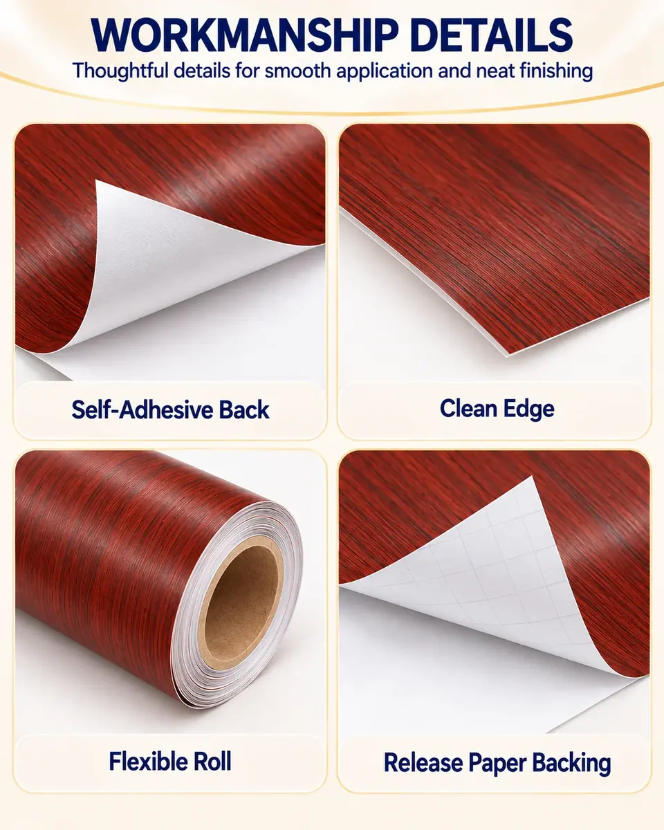 Fashion Wood Grain Self-Adhesive PVC Decorative Film for Furniture — Installation and application detail