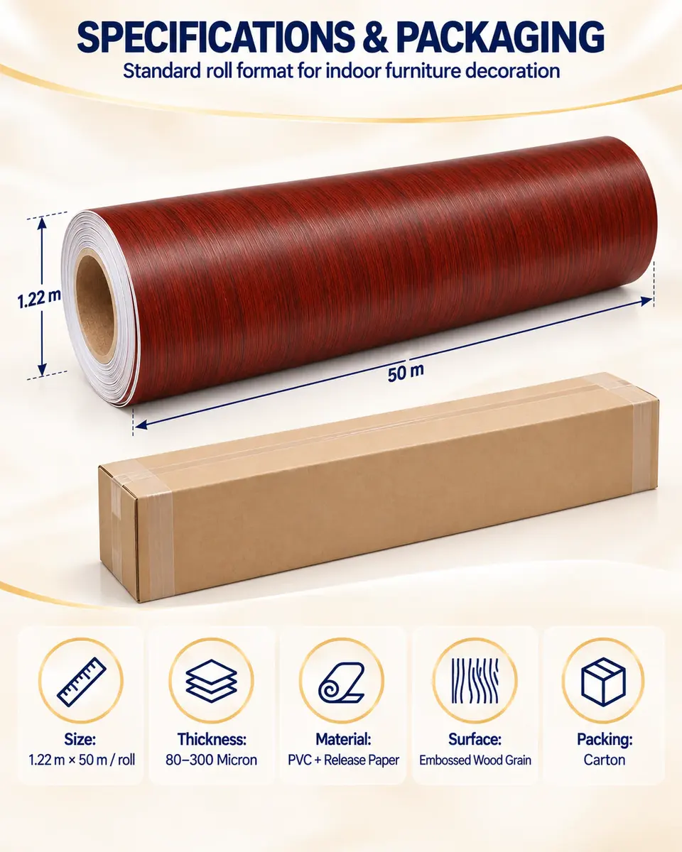 Fashion Wood Grain Self-Adhesive PVC Decorative Film for Furniture — Roll format and packaging