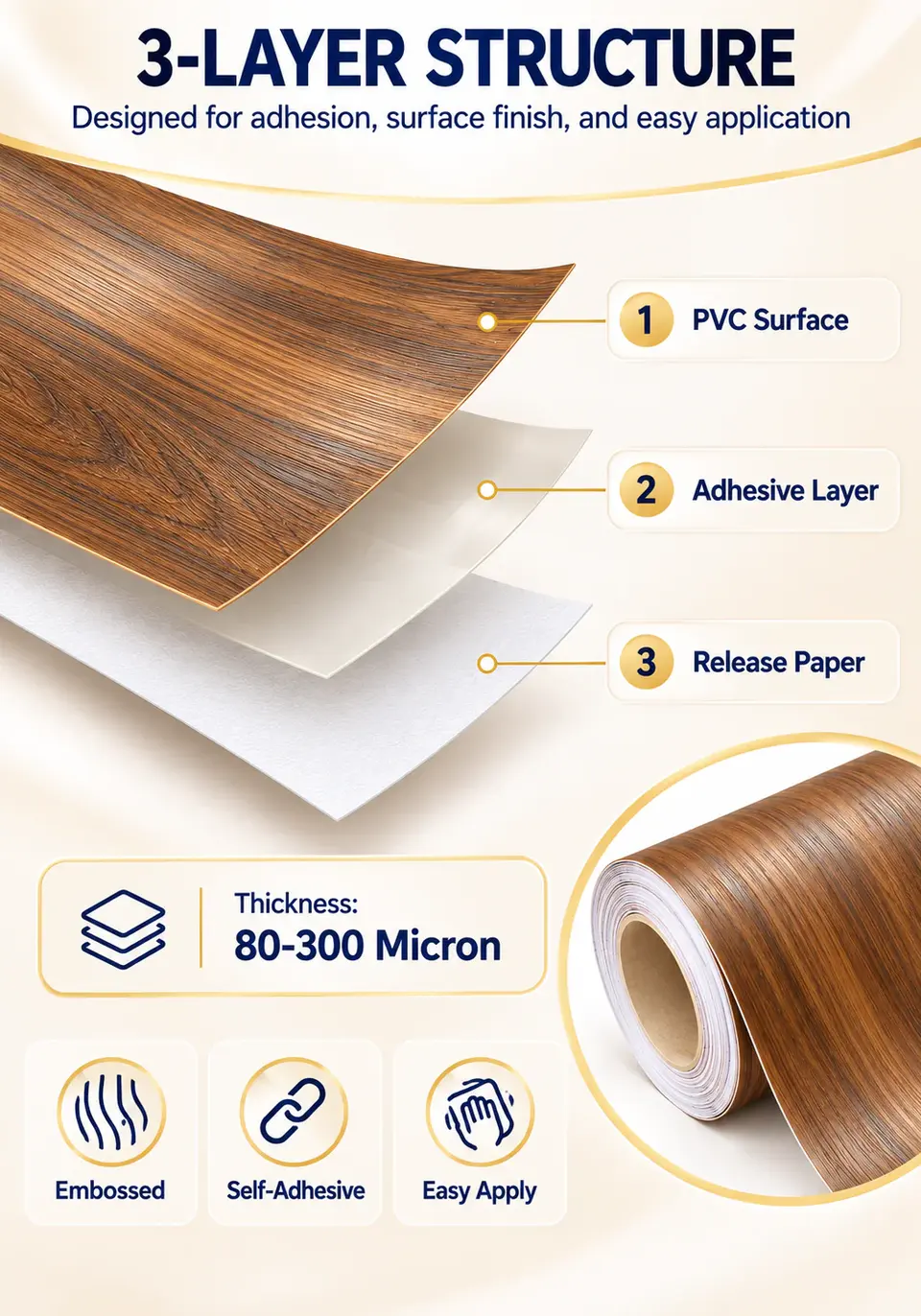 Self-Adhesive PVC Wood Grain Vinyl Wrap Film for Furniture — Surface texture and finish close-up