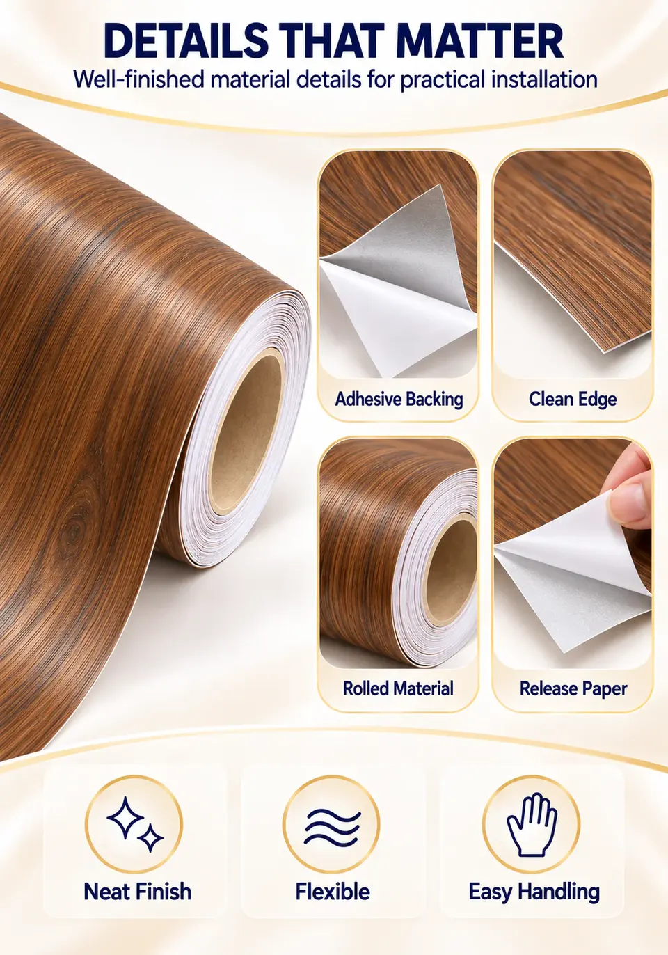 Self-Adhesive PVC Wood Grain Vinyl Wrap Film for Furniture — Installation and application detail