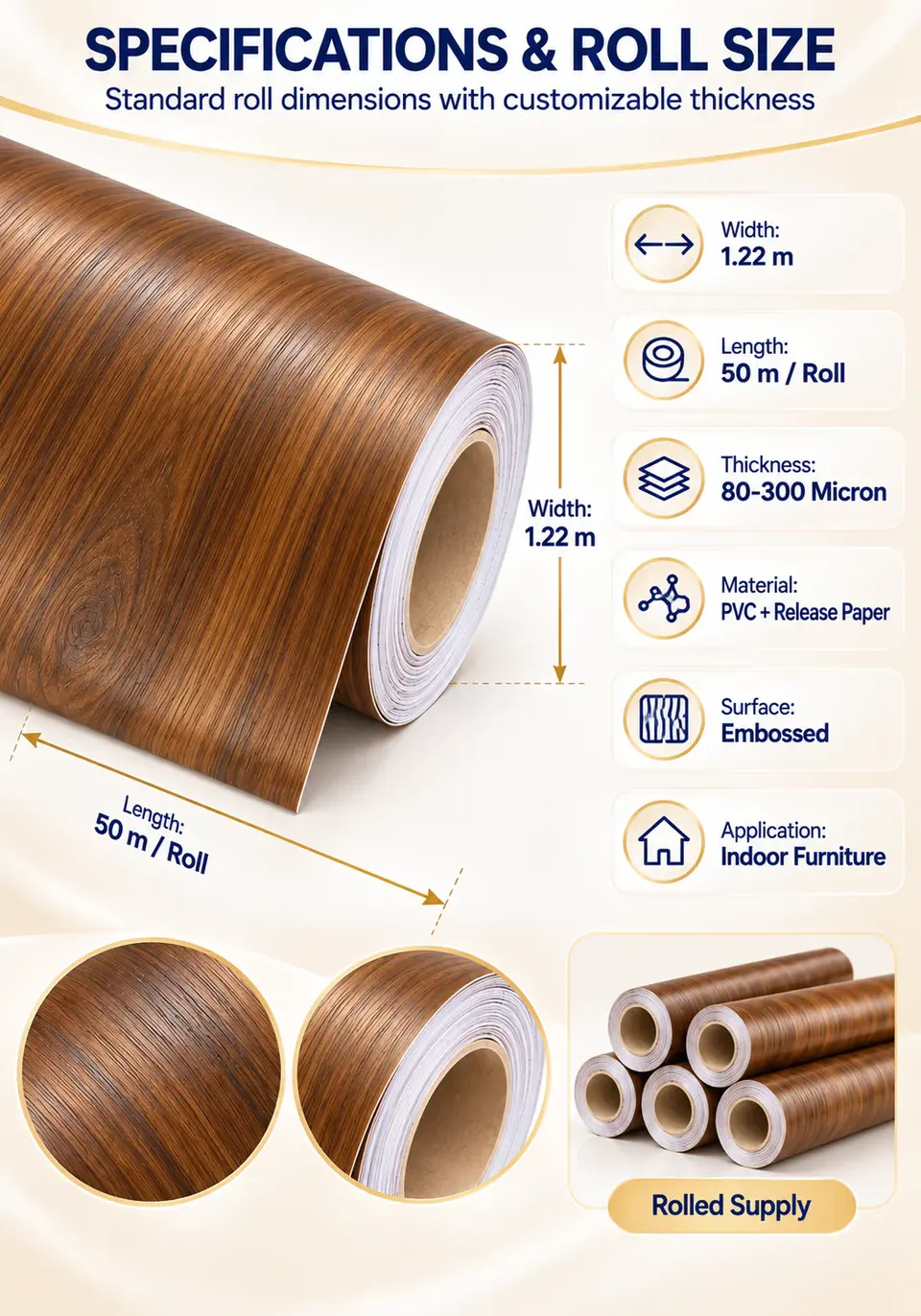 Self-Adhesive PVC Wood Grain Vinyl Wrap Film for Furniture — Roll format and packaging