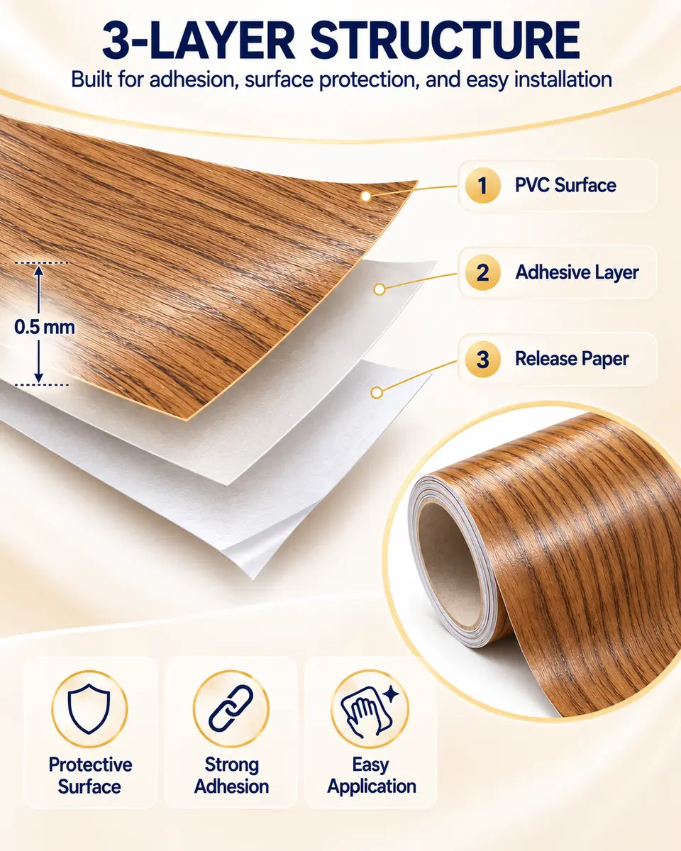High-Quality Self-Adhesive PVC Wood Grain Decorative Film for Furniture & Interior — Surface texture and finish close-up