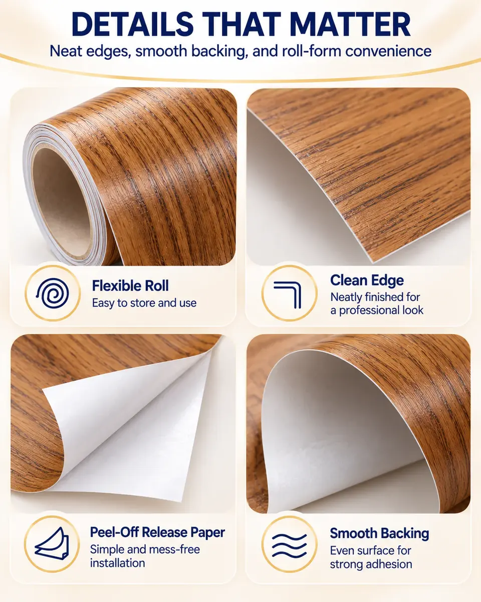 High-Quality Self-Adhesive PVC Wood Grain Decorative Film for Furniture & Interior — Installation and application detail