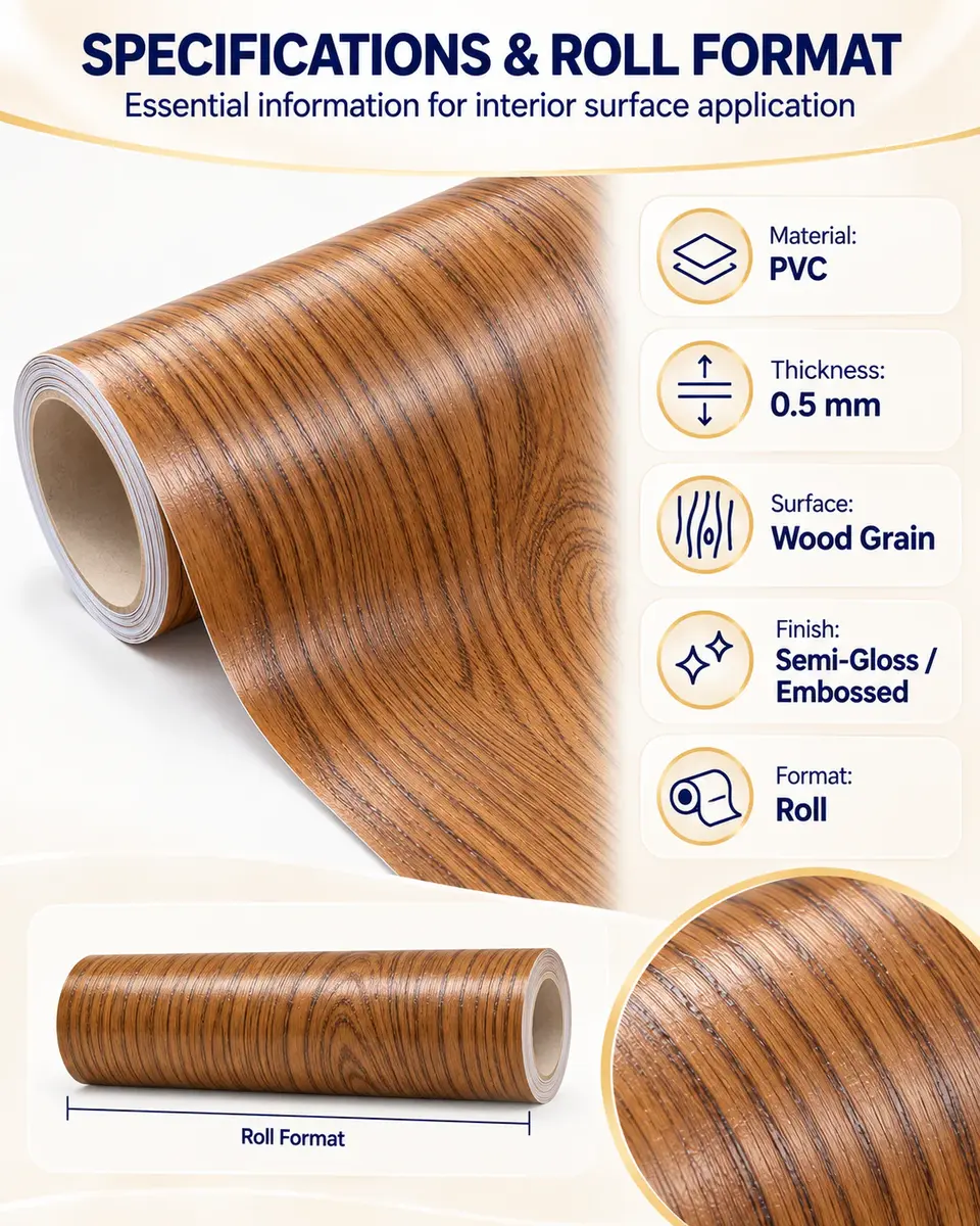 High-Quality Self-Adhesive PVC Wood Grain Decorative Film for Furniture & Interior — Roll format and packaging
