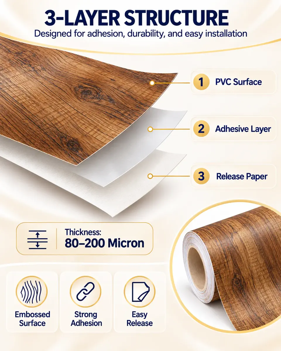 Rustic Wood Texture Self-Adhesive PVC Decorative Film for Furniture — Surface texture and finish close-up