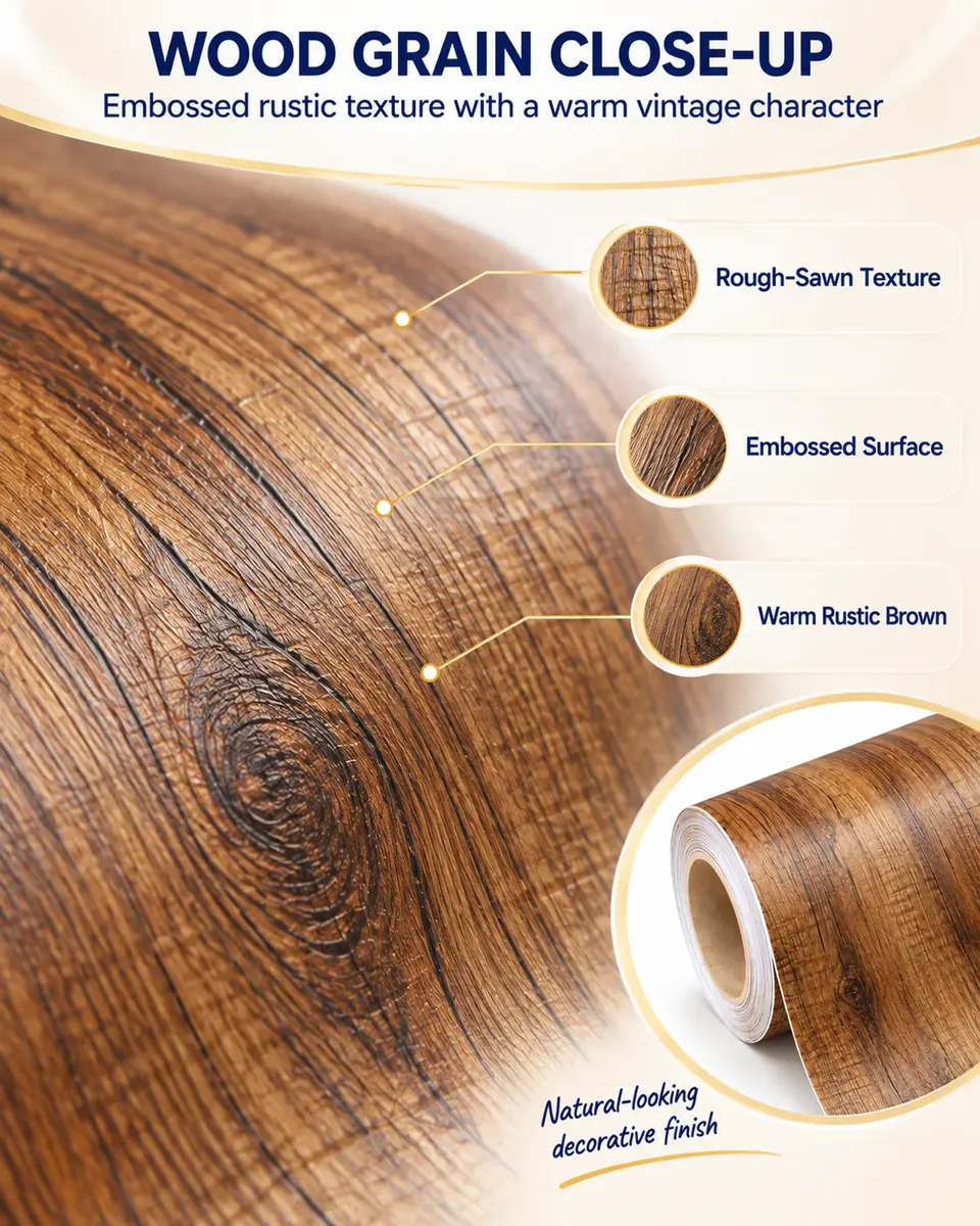 Rustic Wood Texture Self-Adhesive PVC Decorative Film for Furniture — Construction and material layers