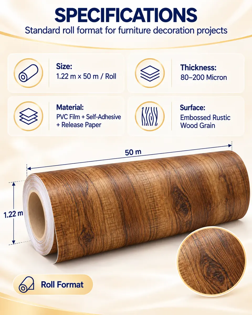 Rustic Wood Texture Self-Adhesive PVC Decorative Film for Furniture — Installation and application detail