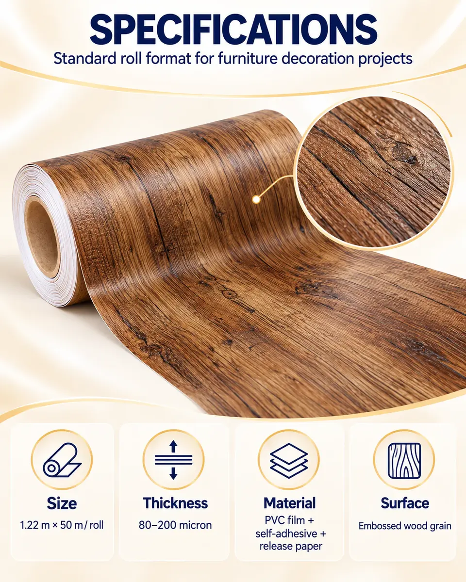 Rustic Wood Texture Self-Adhesive PVC Decorative Film for Furniture — Roll format and packaging