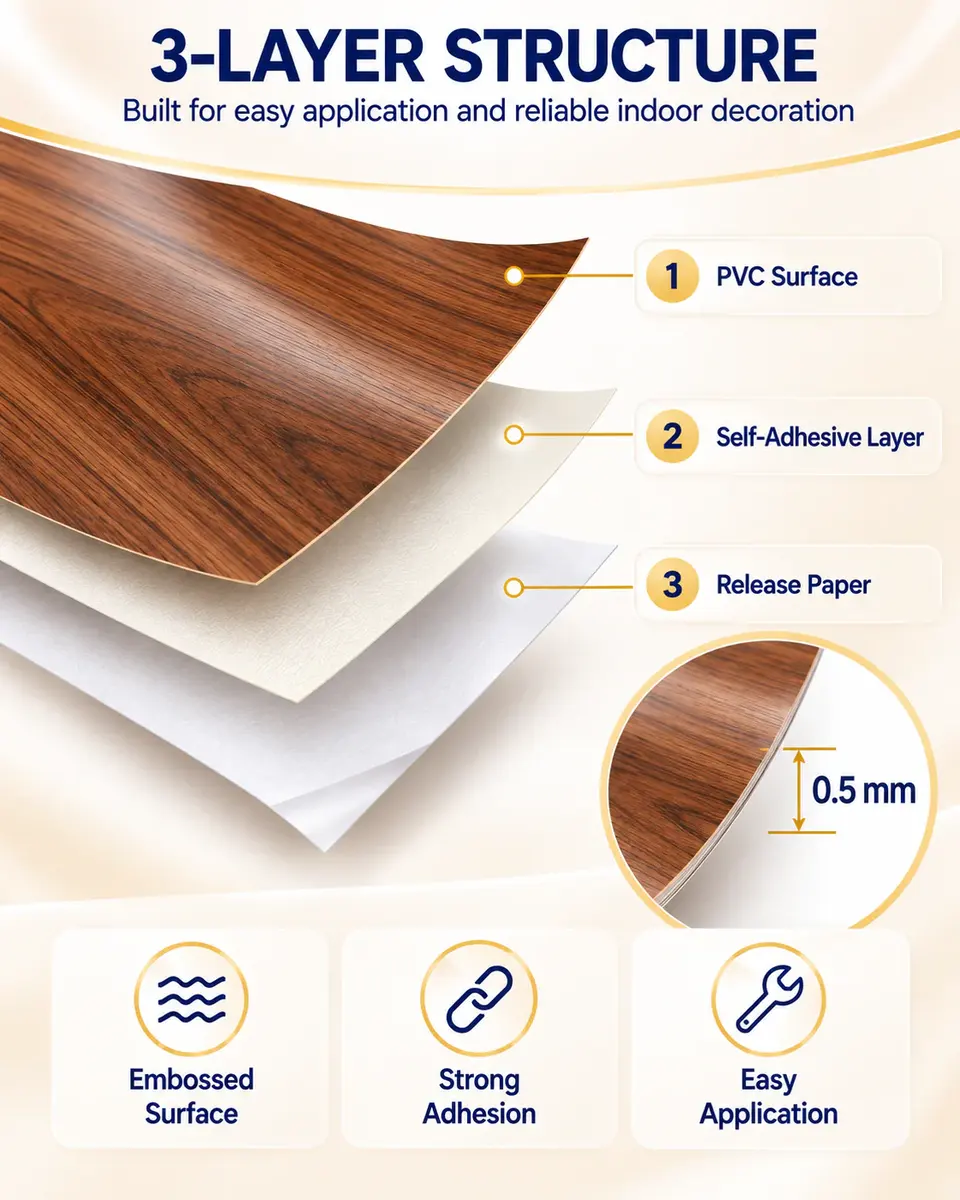 Modern Embossed Wood Grain Self-Adhesive PVC Film for Ceiling, Wall & Furniture — Surface texture and finish close-up