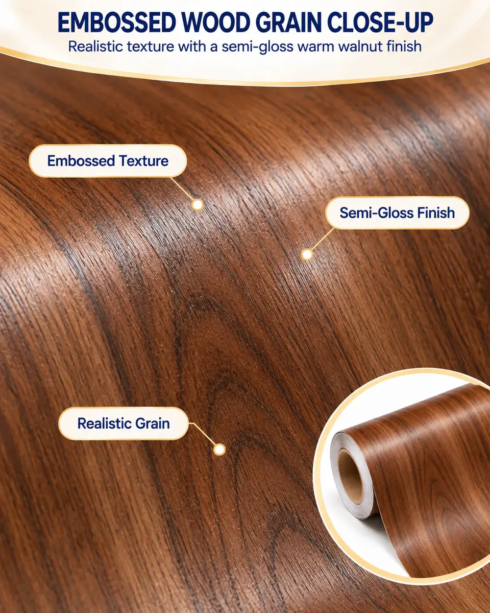 Modern Embossed Wood Grain Self-Adhesive PVC Film for Ceiling, Wall & Furniture — Construction and material layers