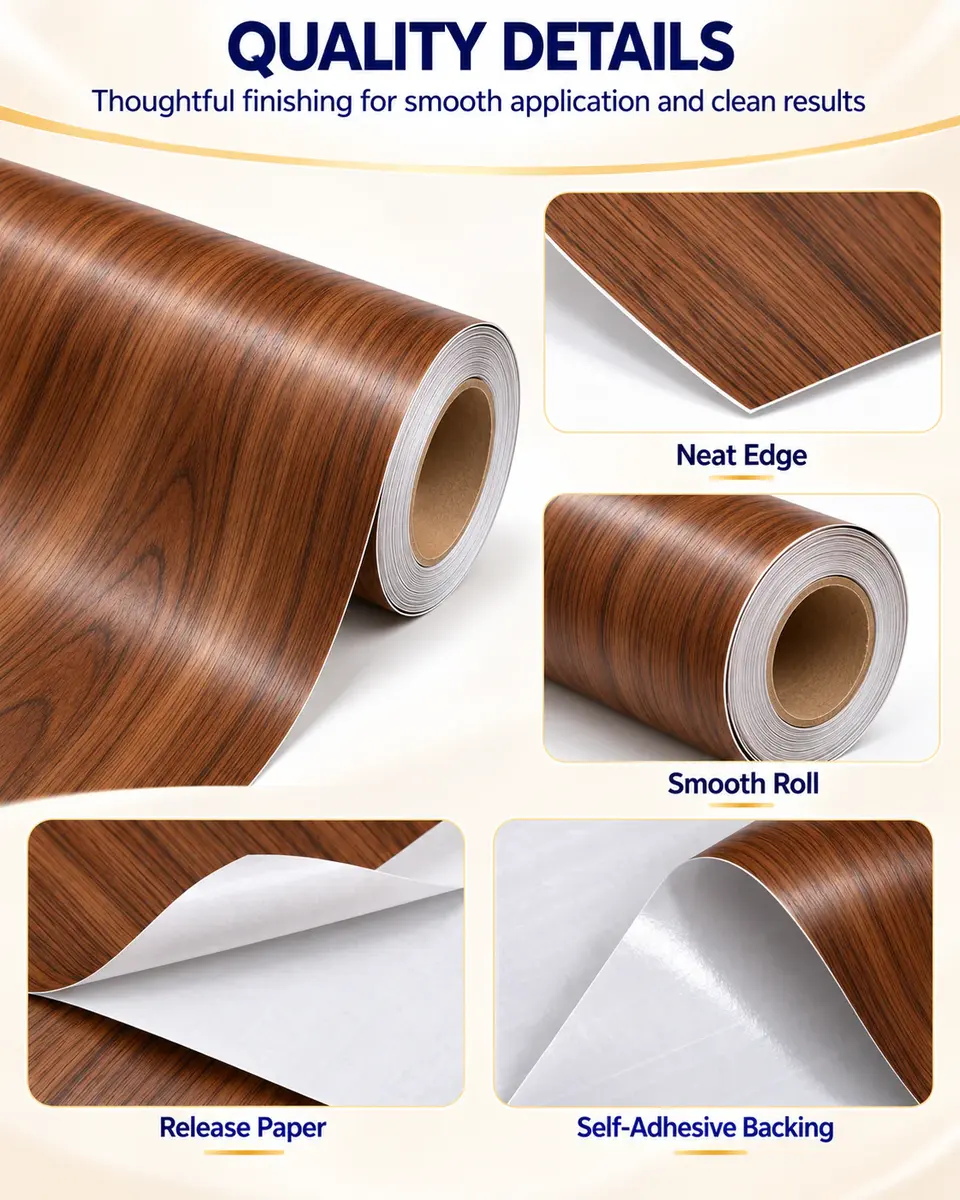 Modern Embossed Wood Grain Self-Adhesive PVC Film for Ceiling, Wall & Furniture — Installation and application detail