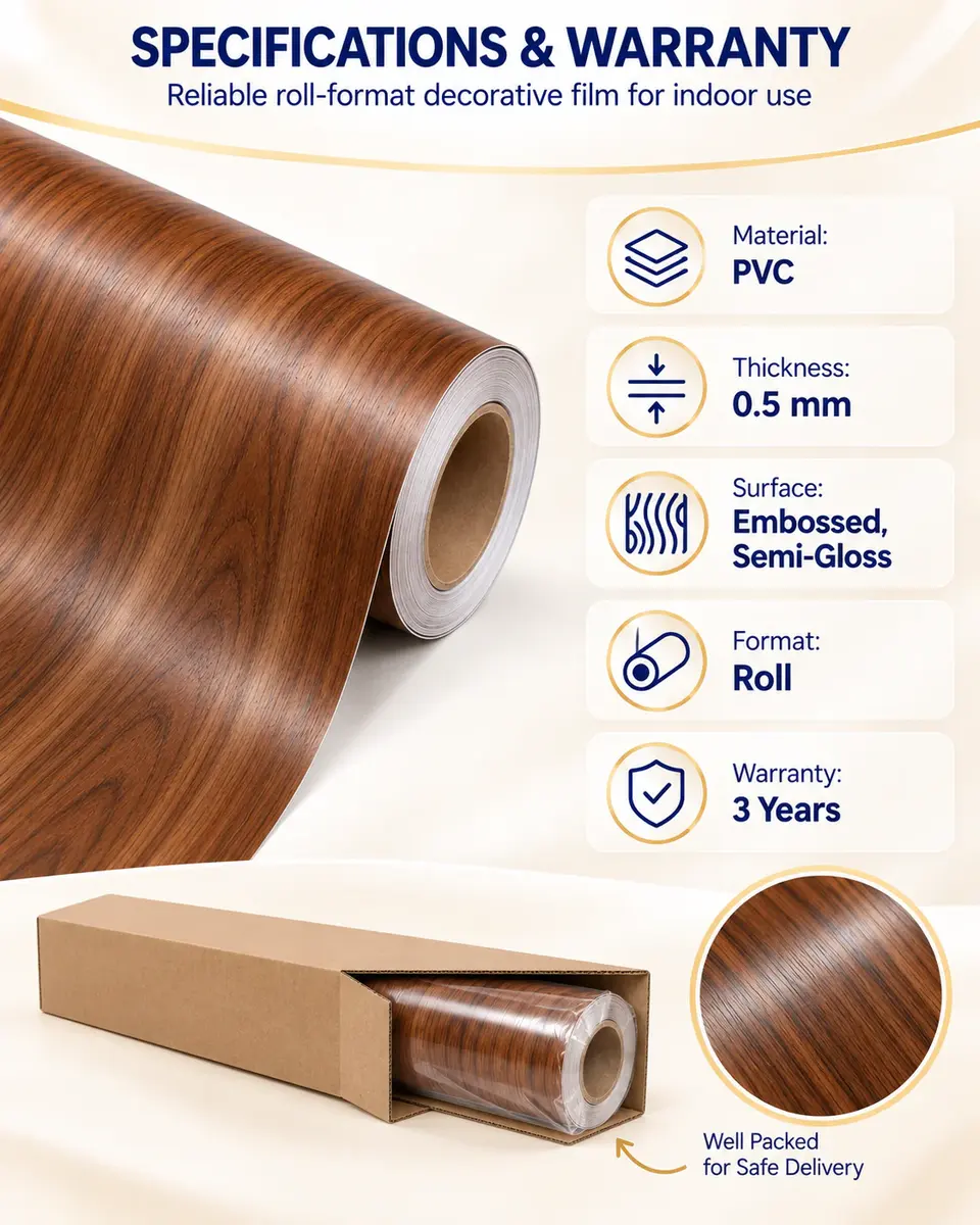 Modern Embossed Wood Grain Self-Adhesive PVC Film for Ceiling, Wall & Furniture — Roll format and packaging