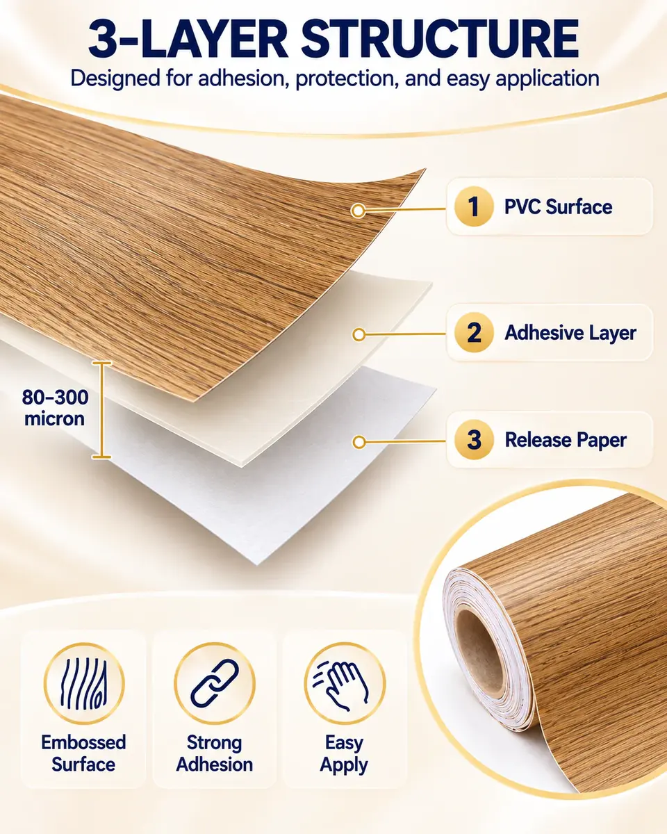 Self-Adhesive PVC Wood Grain Decorative Film for Furniture & Wall — Surface texture and finish close-up