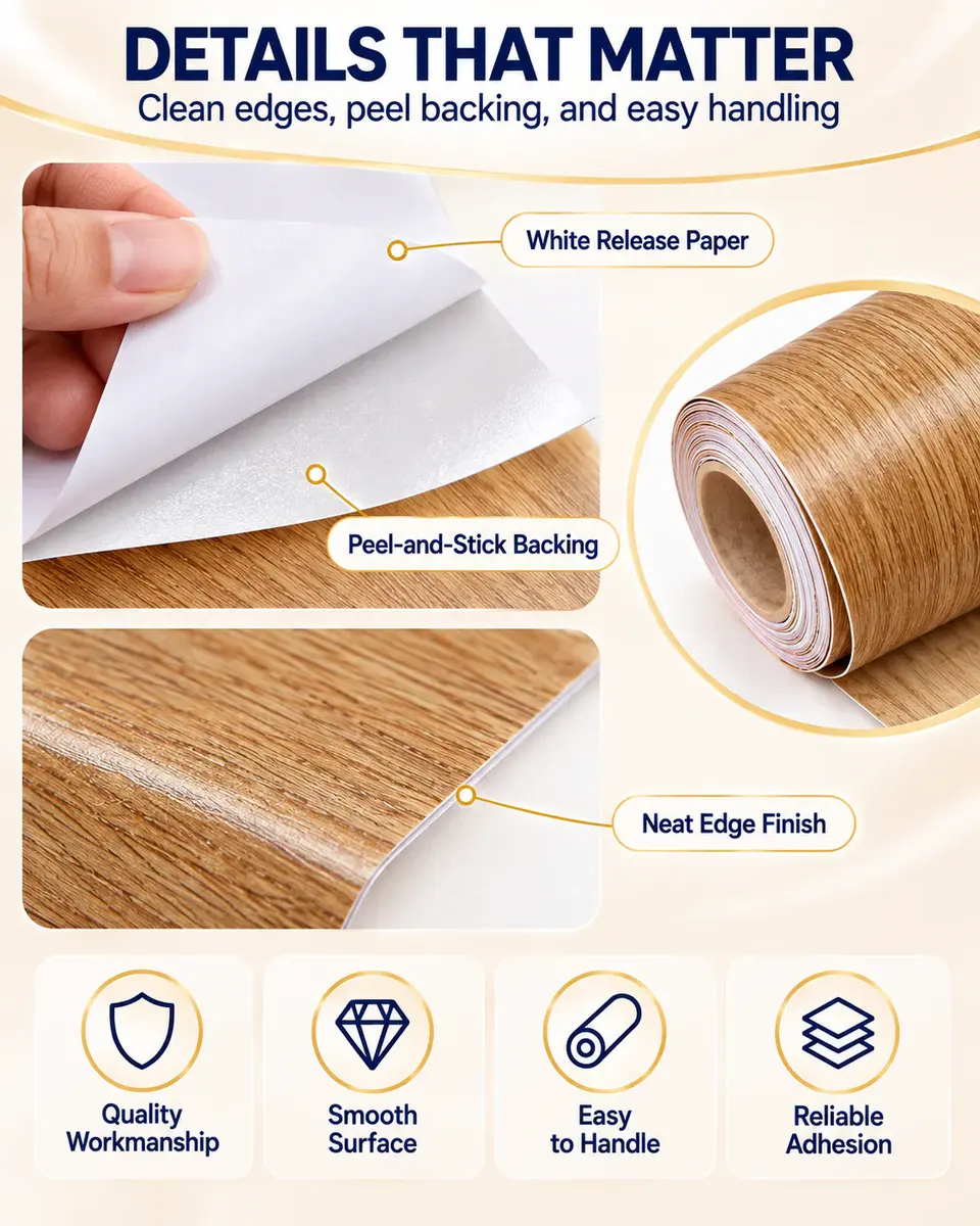 Self-Adhesive PVC Wood Grain Decorative Film for Furniture & Wall — Installation and application detail