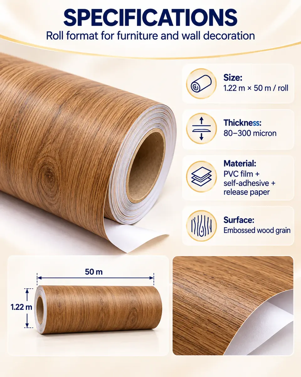 Self-Adhesive PVC Wood Grain Decorative Film for Furniture & Wall — Roll format and packaging
