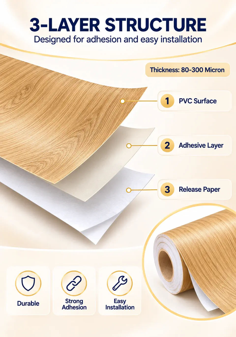 Self-Adhesive PVC Wood Grain Vinyl Wrap Decorative Film for Furniture — Surface texture and finish close-up
