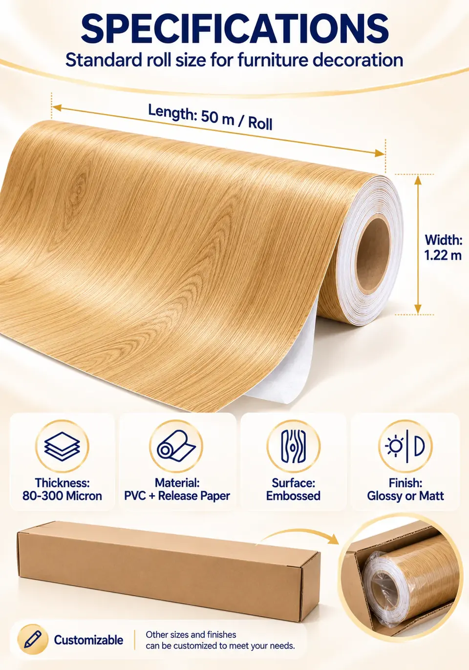 Self-Adhesive PVC Wood Grain Vinyl Wrap Decorative Film for Furniture — Roll format and packaging