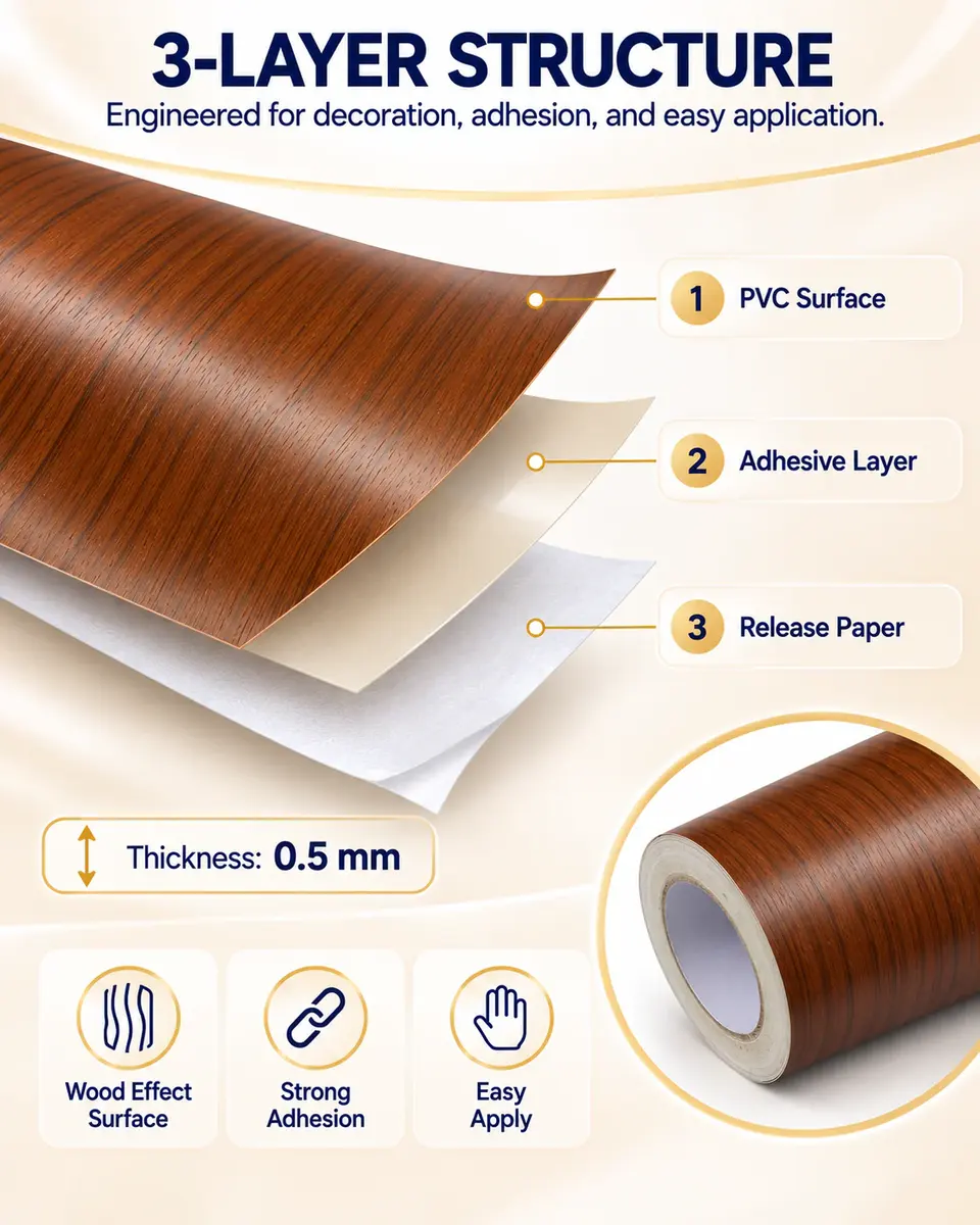 Self-Adhesive Wood Effect PVC Film for Furniture, Kitchen & Car Interior — Surface texture and finish close-up