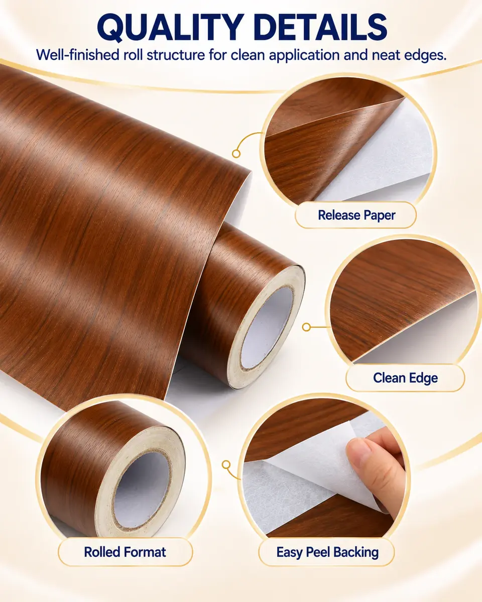 Self-Adhesive Wood Effect PVC Film for Furniture, Kitchen & Car Interior — Installation and application detail