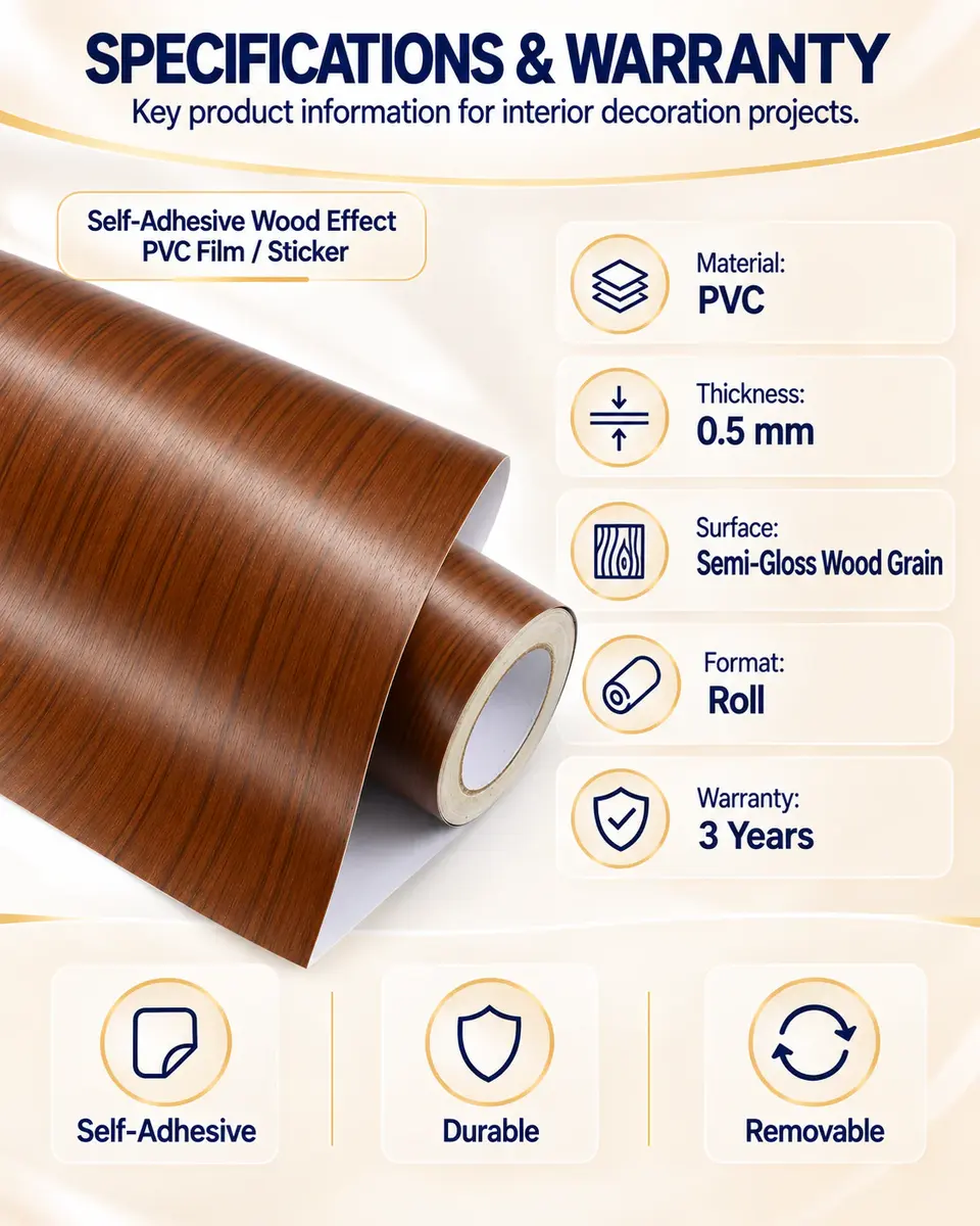 Self-Adhesive Wood Effect PVC Film for Furniture, Kitchen & Car Interior — Roll format and packaging