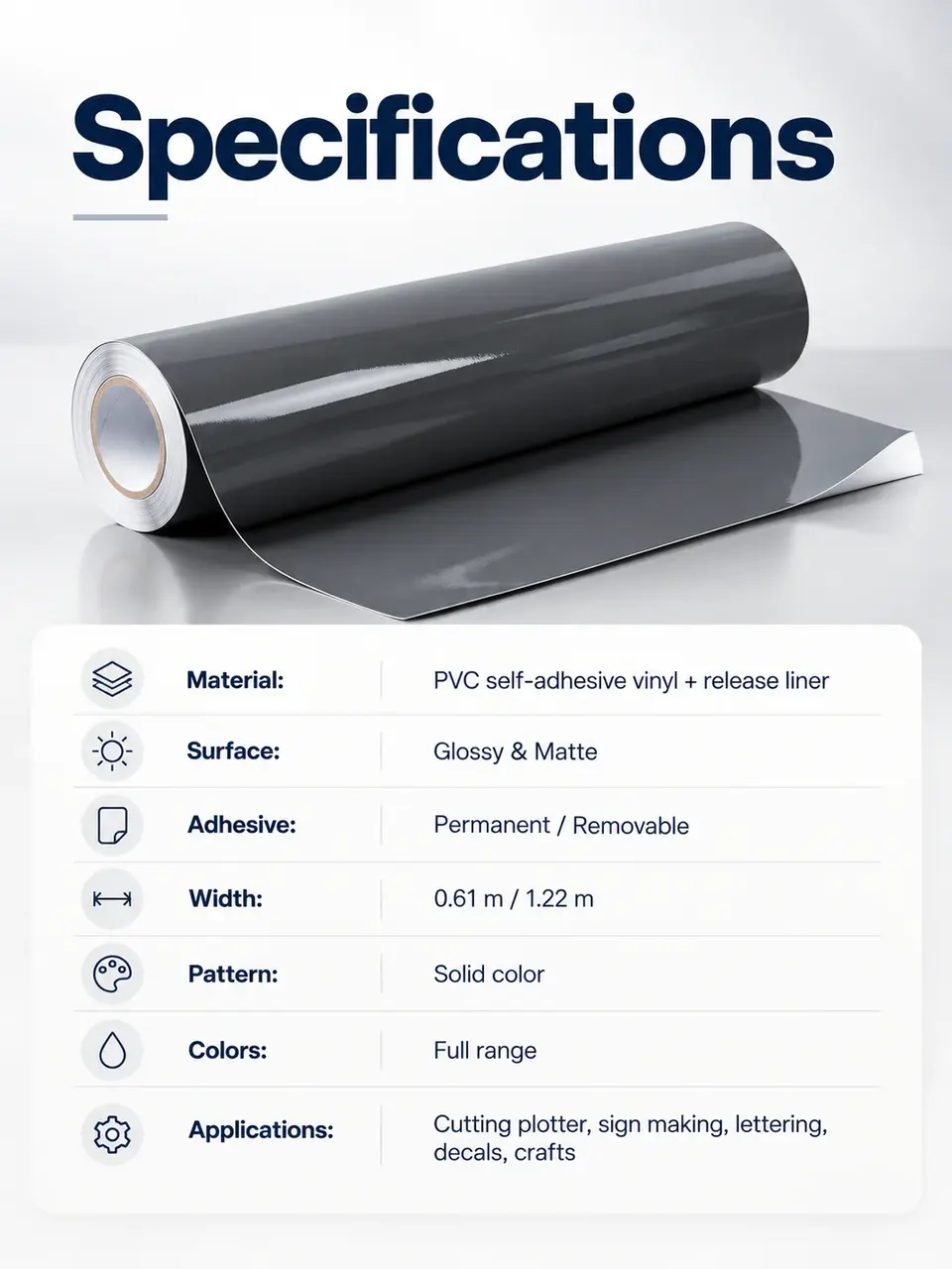 Cutting Vinyl — Glossy & Matte, Permanent & Removable Adhesive Color Vinyl Roll for Plotter — Roll format and packaging