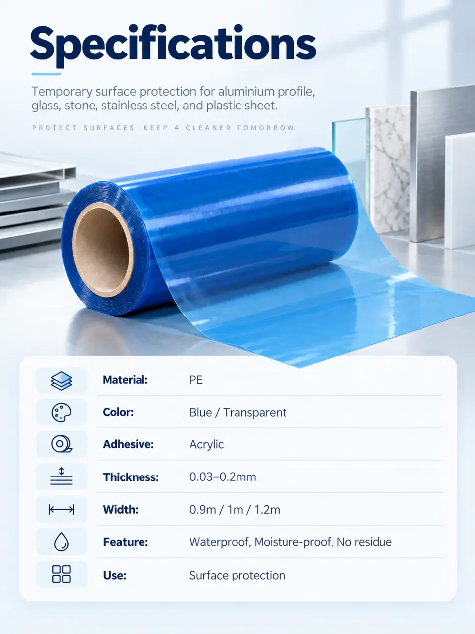 Self-Adhesive PE Surface Protective Film — Roll format and packaging