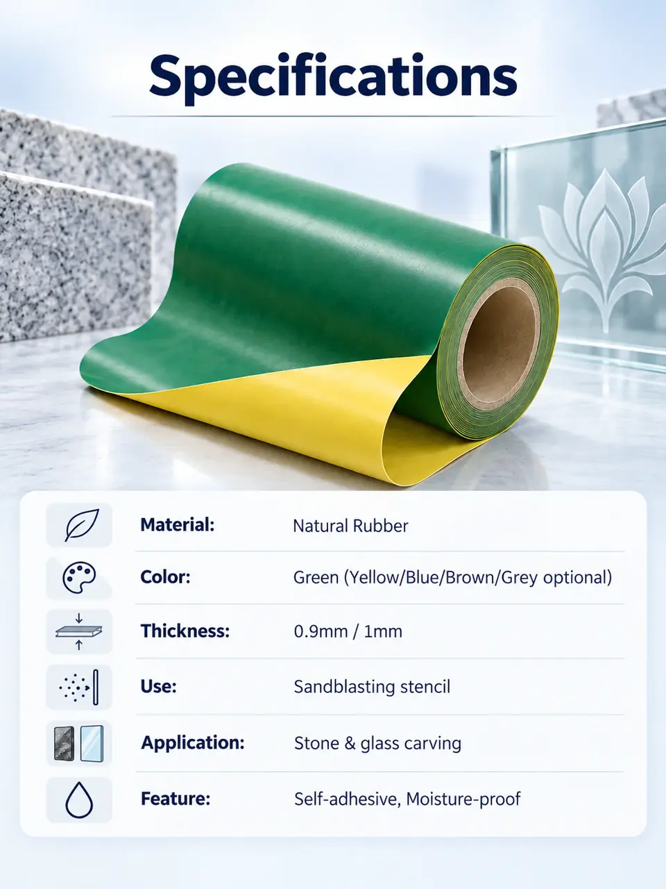 Natural Rubber Sandblast Stencil Film — Roll format and packaging