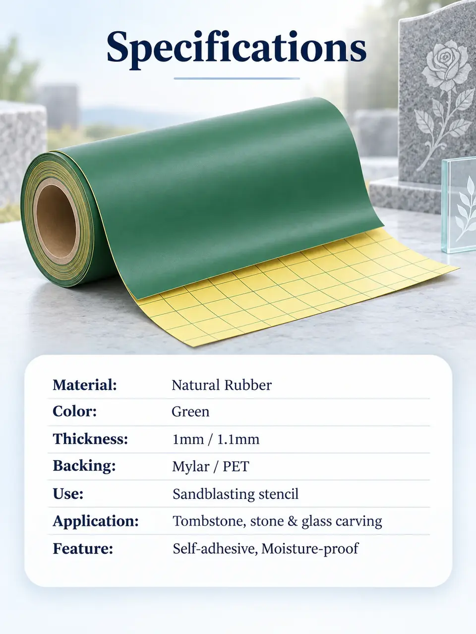 1.1mm Rubber Sandblast Film with Mylar Backing — Roll format and packaging