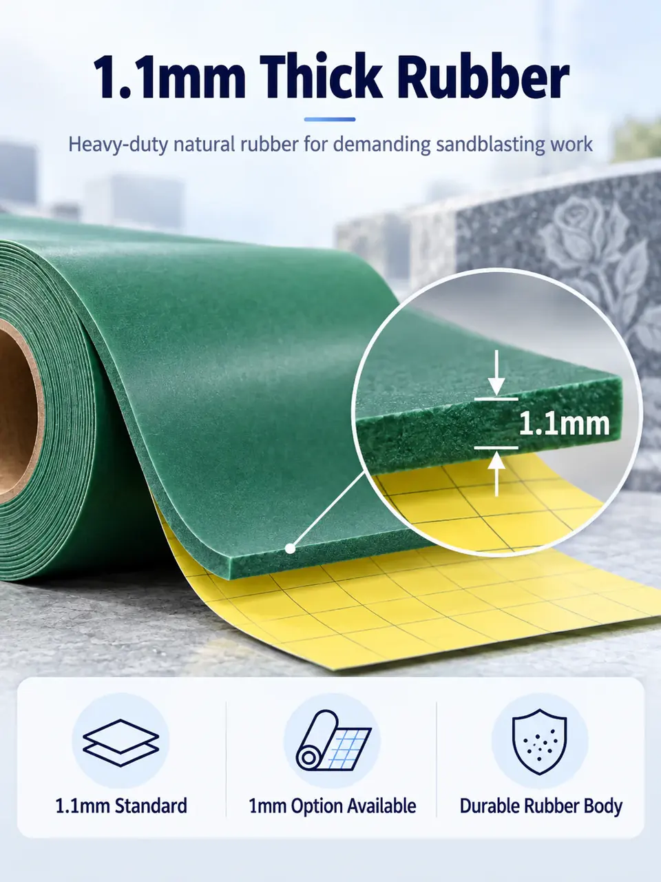 1.1mm Rubber Sandblasting Film with Mylar Backing — Surface texture and finish close-up
