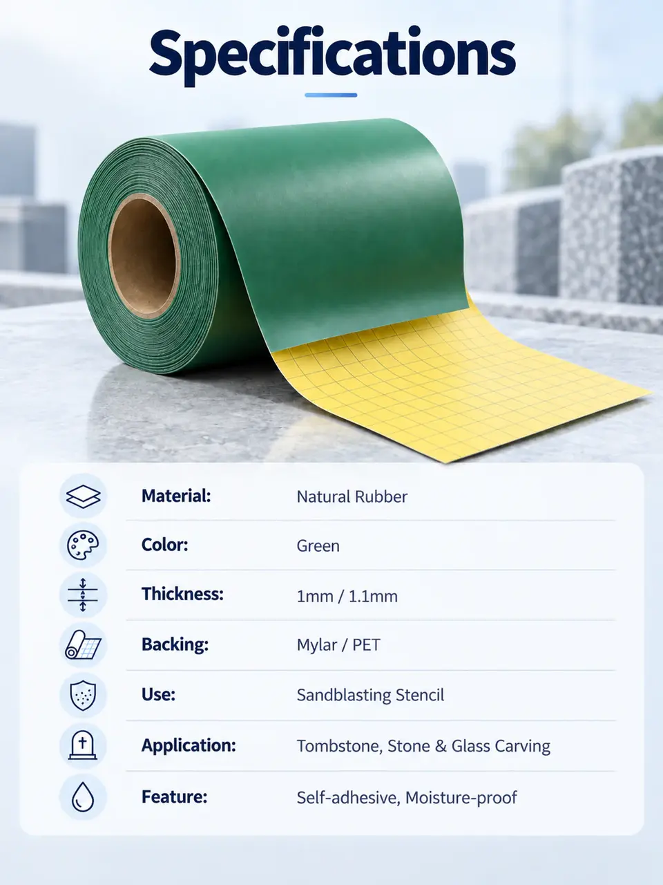 1.1mm Rubber Sandblasting Film with Mylar Backing — Roll format and packaging