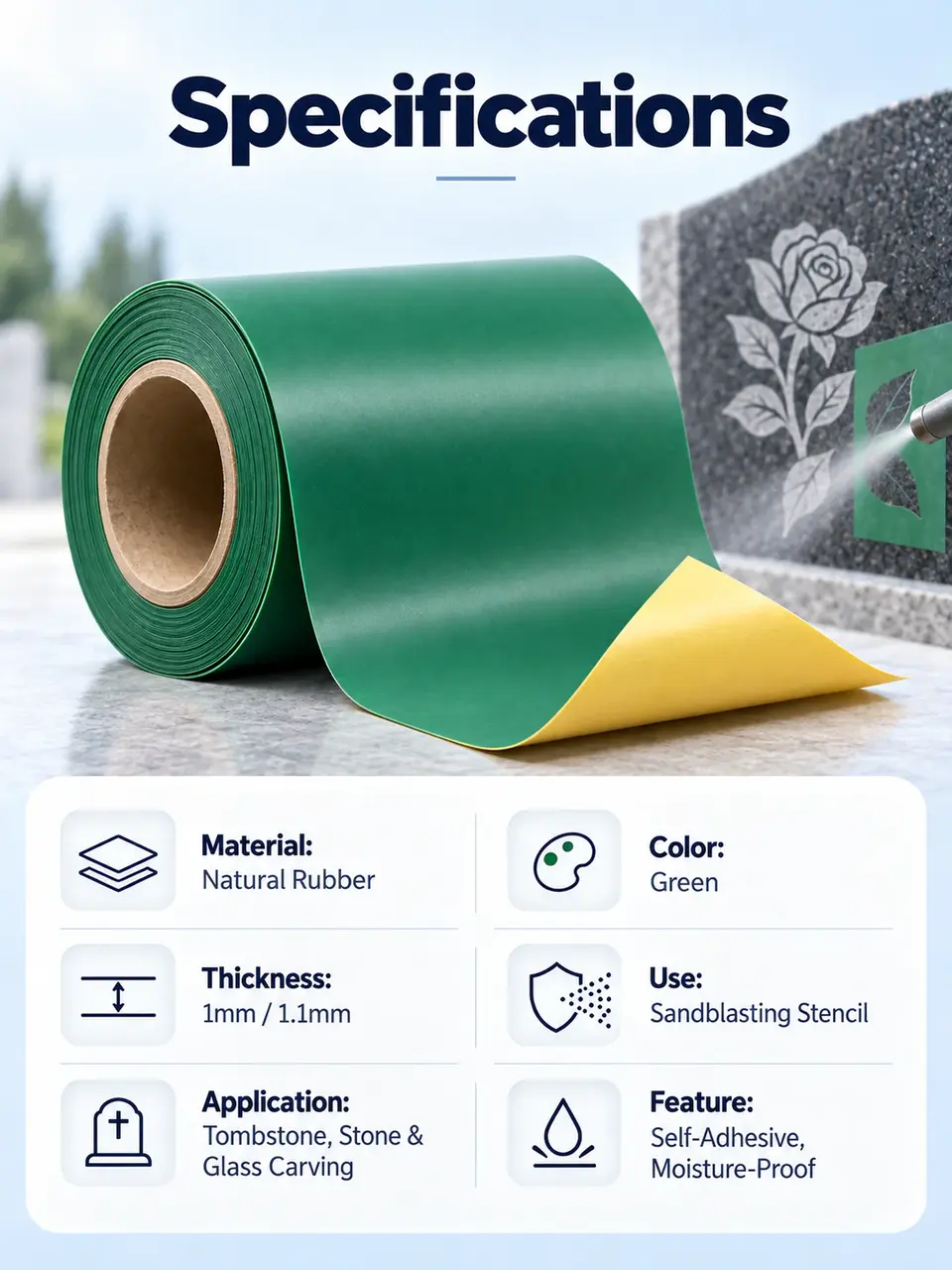 1.1mm Rubber Sandblast Stencil for Tombstone — Roll format and packaging