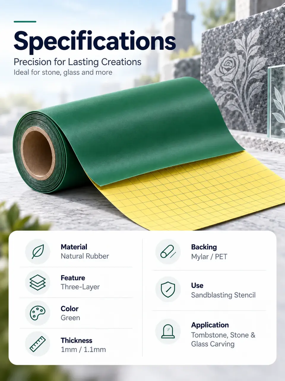 Three-Layer Rubber Sandblast Stencil with Mylar Backing — Roll format and packaging