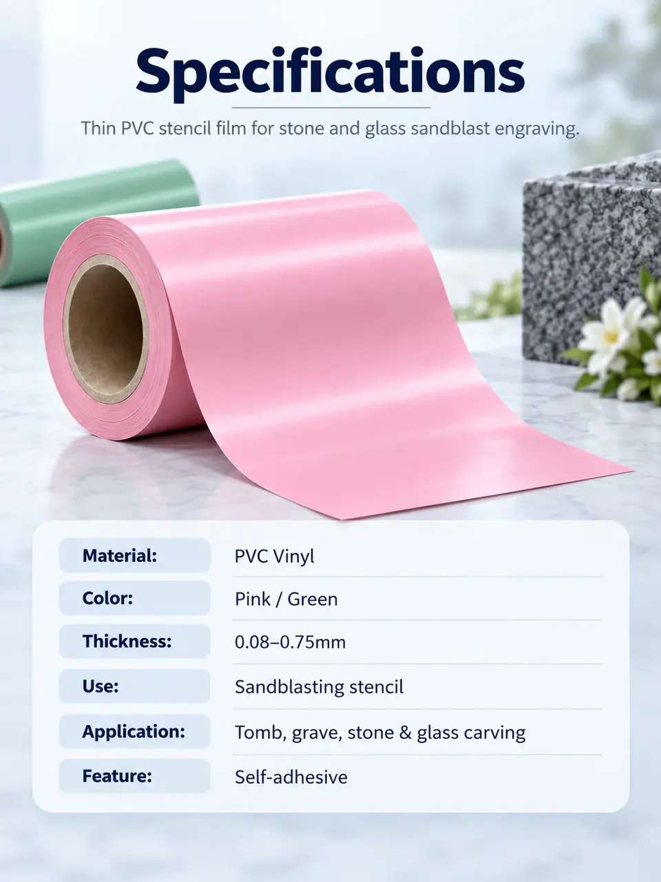 Pink & Green PVC Vinyl Sandblast Stencil — Roll format and packaging