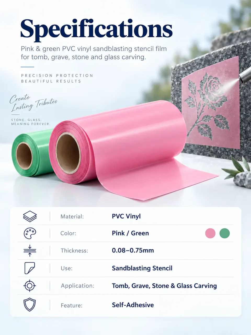 Pink & Green PVC Vinyl Sandblasting Film — Roll format and packaging
