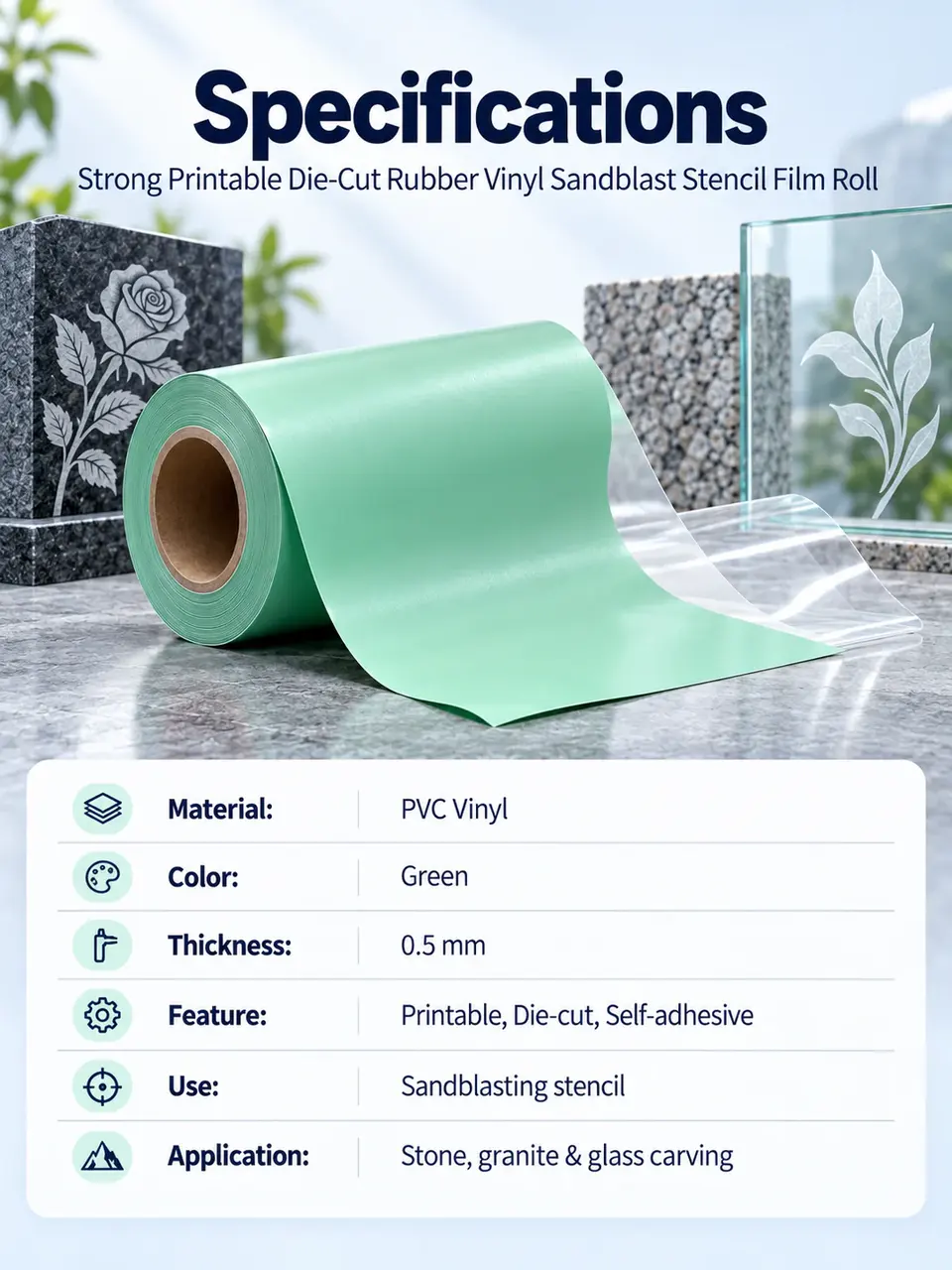 Strong Printable Die-Cut Rubber Vinyl Sandblast Stencil — Roll format and packaging