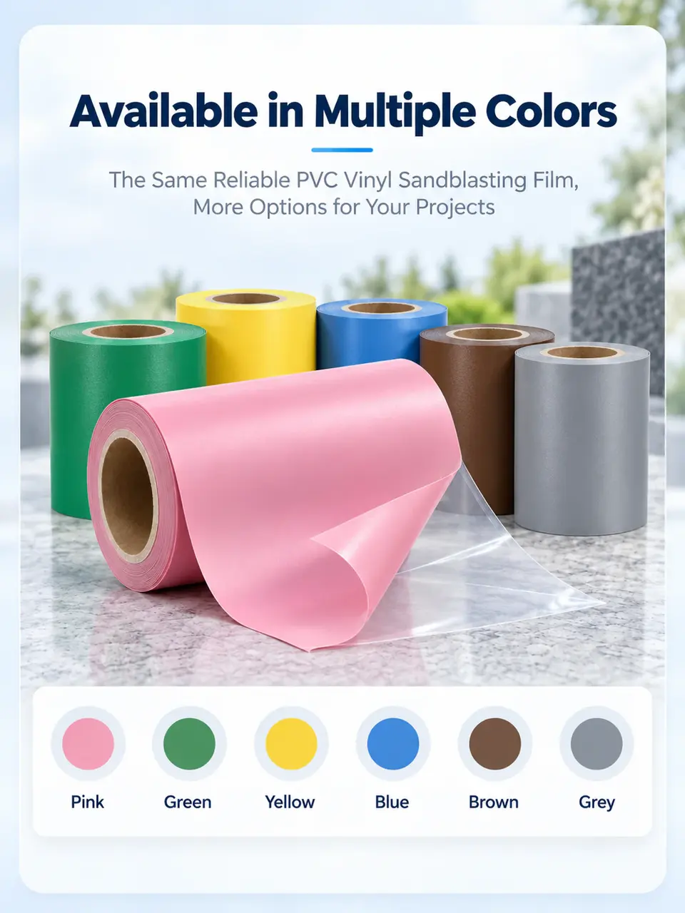 PVC Vinyl Sandblasting Film with Clear Mylar/PET Backing — Surface texture and finish close-up