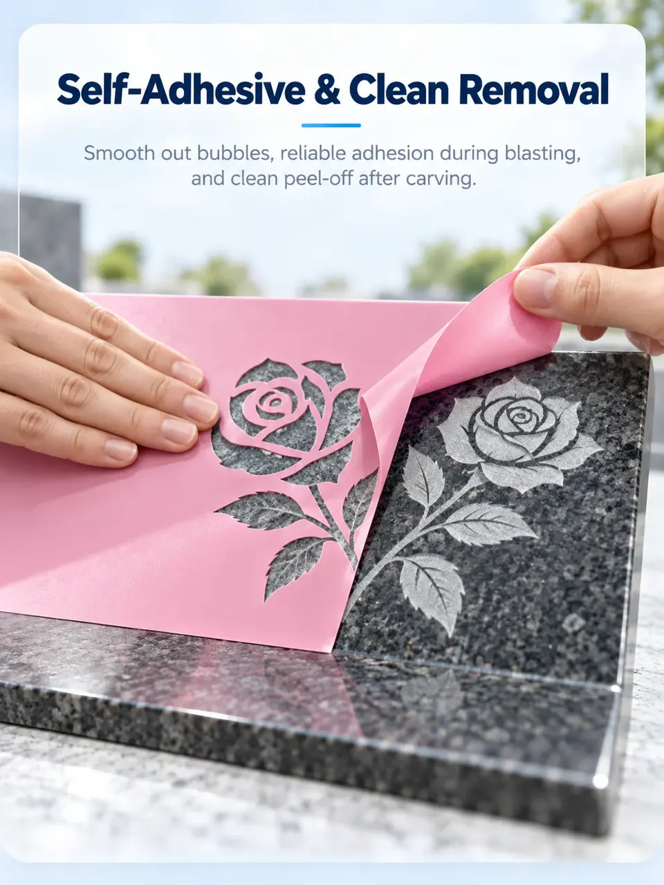 PVC Vinyl Sandblasting Film with Clear Mylar/PET Backing — Installation and application detail