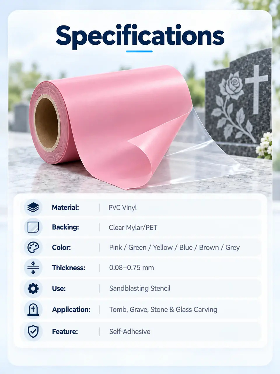 PVC Vinyl Sandblasting Film with Clear Mylar/PET Backing — Roll format and packaging