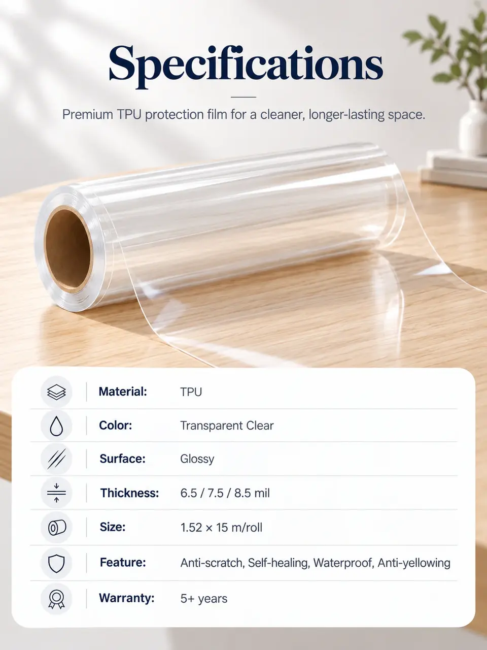 Clear TPU Furniture Protection Film — Roll format and packaging