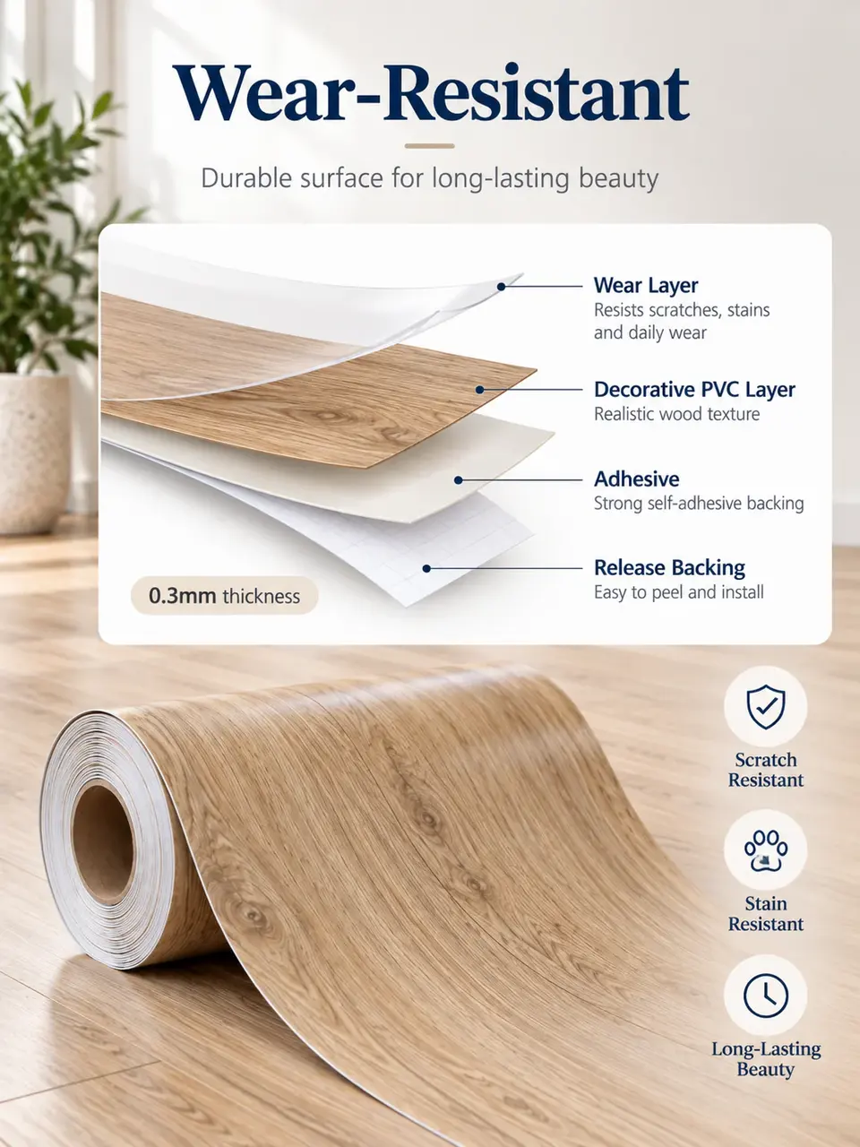 Economy Self-Adhesive PVC Vinyl Flooring Roll — Surface texture and finish close-up