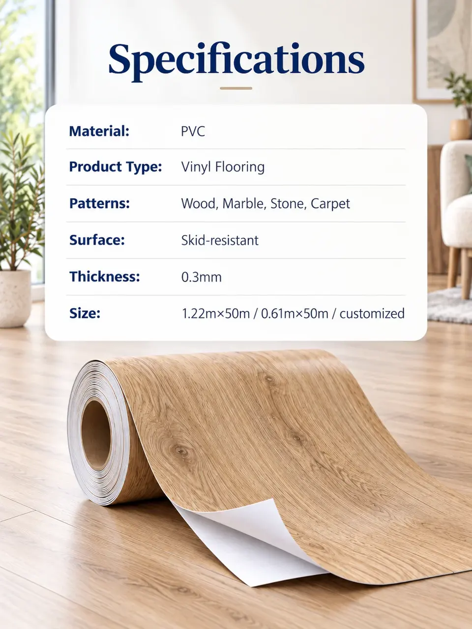 Economy Self-Adhesive PVC Vinyl Flooring Roll — Roll format and packaging