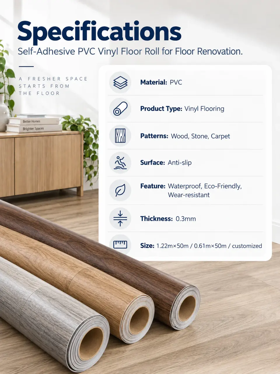 Wood-Grain Self-Adhesive Vinyl Floor Roll — Roll format and packaging