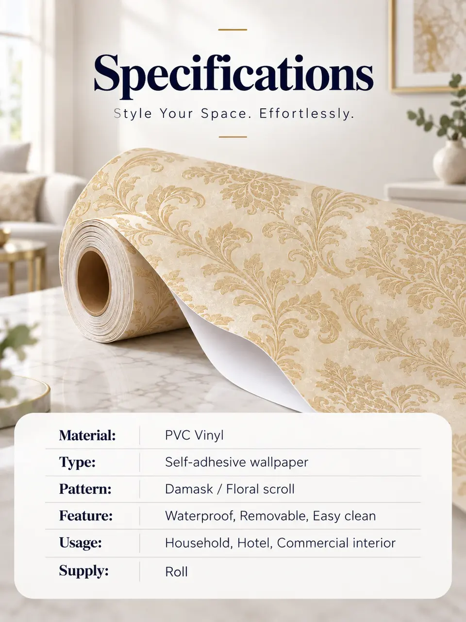 Modern Decorative Self-Adhesive Vinyl Wallpaper — Roll format and packaging