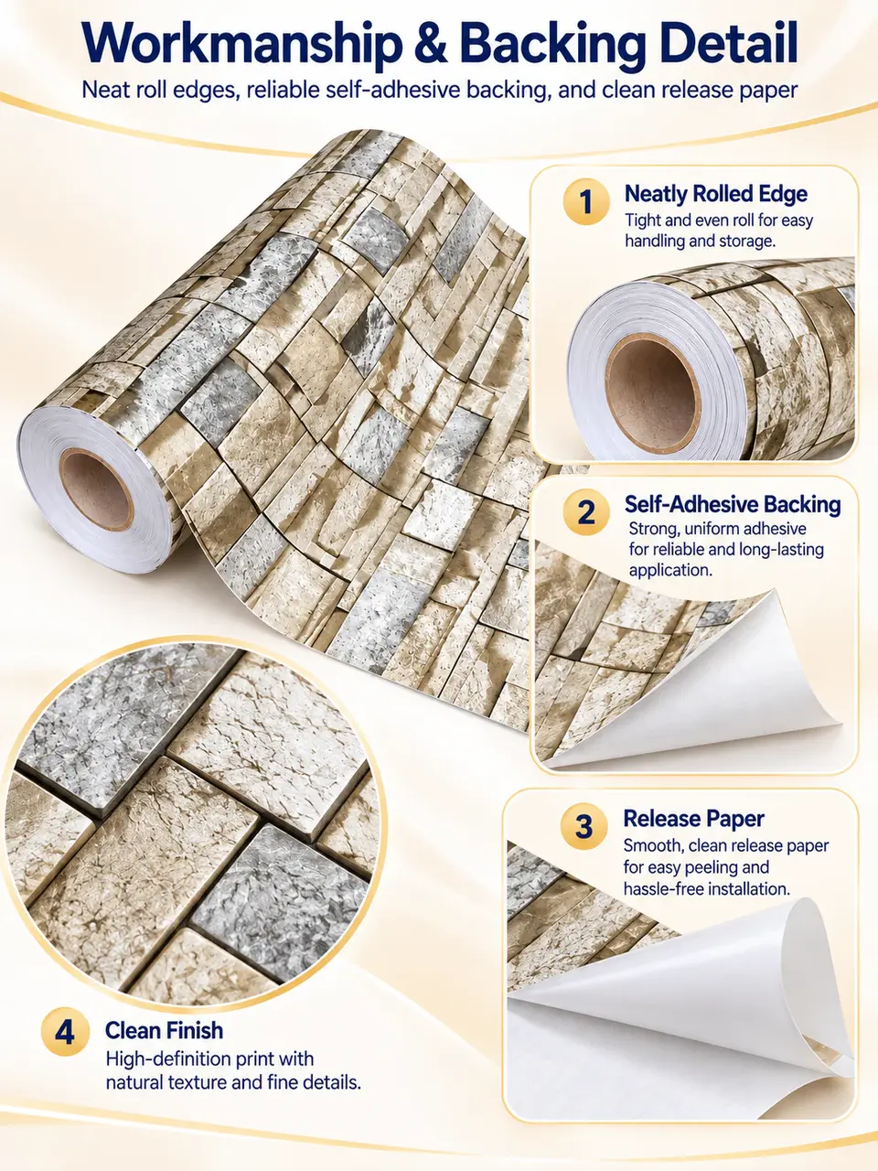 Hot Sale Home Decorative Stone Pattern Self-Adhesive 3D Brick Wallpaper — Installation and application detail