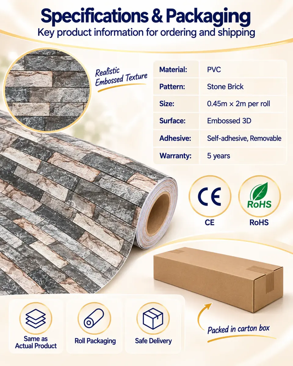 Removable Brick Stone Wall Sticker — Roll format and packaging